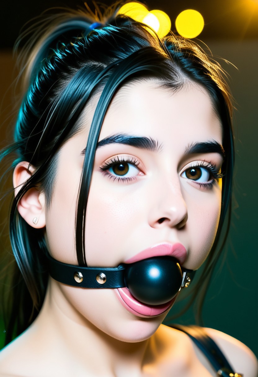 film still from 2000s movie, dua lipa close-up, portrait, masterpiece, 4k, ray tracing, intricate details, highly-detailed, hyper-realistic, 8k RAW Editorial Photo.
(analog photo:1.2),((dynamic pose:1.2),(dynamic camera),(amateur photo:1.3,art retouch,, analog photo), (close-up),(many details themed complex background:1.3),(skin texture)),(midnight hour, high quality, film grain), (natural colors, correct white balance, color correction, dehaze,clarity), (natural colors, correct white balance, color correction, dehaze,clarity), Lomography Color Negative 400.3), (thick lips:1.3), cinematic light, dramatic light, shallow depth of field, high budget, bokeh, cinemascope, film grain, (black ball gag wedged between the teeth with a black strap))