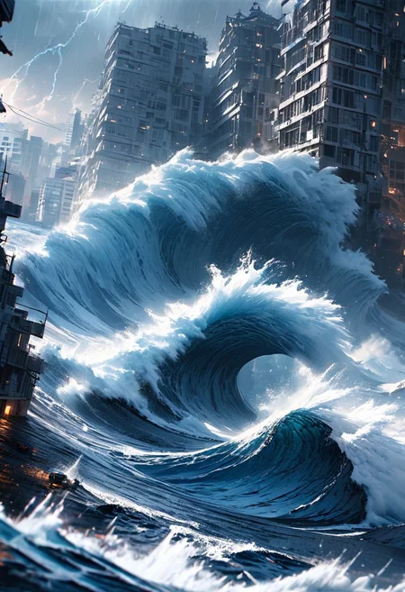 Colossal tsunami waves, towering and ominous, crashing into a densely packed cityscape. Massive wall of water, foam-capped and turbulent, dwarfing skyscrapers. Buildings buckling and shattering under the immense force of the waves. Debris and vehicles swept up in the churning waters. Panic-stricken people fleeing in the foreground. Dark, stormy sky with lightning flashes. Hyper-realistic digital painting, cinematic composition, extreme wide-angle view. Dynamic motion blur on the waves. Intense, dramatic lighting. Color palette: deep blues, grays, and white foam. Artists: Zdzisław Beksiński, Makoto Shinkai, J.M.W. Turner.