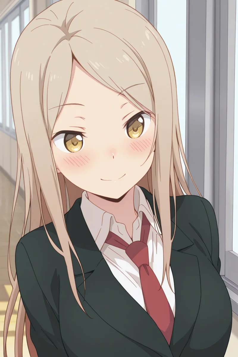 masterpiece, best quality, amazing quality,
<lora:Kotone_IL:1> kotone, 1girl, solo, long hair, necktie, smile, brown hair, blush, school uniform, brown eyes, jacket, blazer, red necktie, yellow eyes, shirt