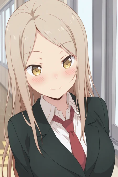 masterpiece, best quality, amazing quality,
 <lora:Kotone_IL:1> kotone, 1girl, solo, long hair, necktie, smile, brown hair, blush, school uniform, brown eyes, jacket, blazer, red necktie, yellow eyes, shirt
