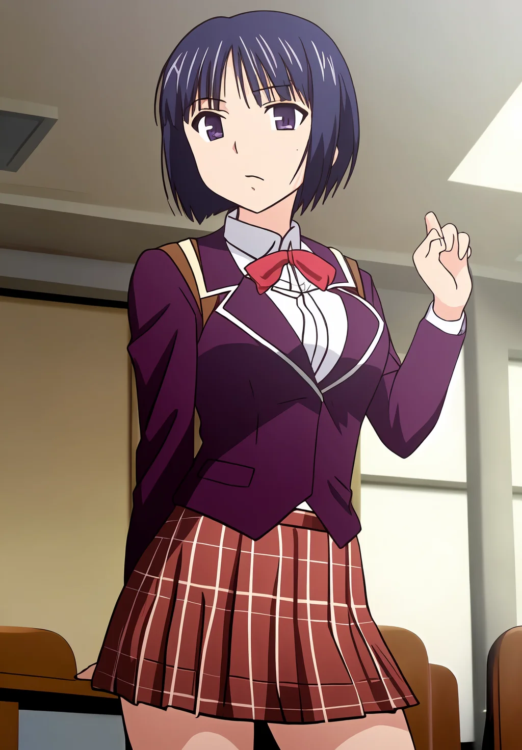 <lora:yuuki_karin:0.8>, (masterpiece, best quality,perfect lighting), yuuki_karin, 1girl, solo, dynamic pose, school uniform, plaid skirt,