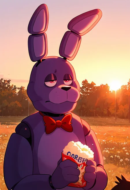 masterpiece, best quality, amazing quality, very aesthetic, absurdres, newest, detailed background,
cartoon, screencap,
bonnie, rabbit ears, red bowtie,, 1boy, joints, animatronic
holding icecream, half closed eyes, looking at icecream, outdoors, golden hour,