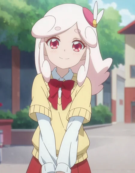 score_9, score_8_up, score_7_up, anime screencap, solo,1girl,kaguyahp, red skirt, yellow sweater,white sleeves,hair ornament, bow, school uniform,looking at viewer,cowboy shot,small breasts,smile,blush<lora:kaguyahp_pony:0.8>
