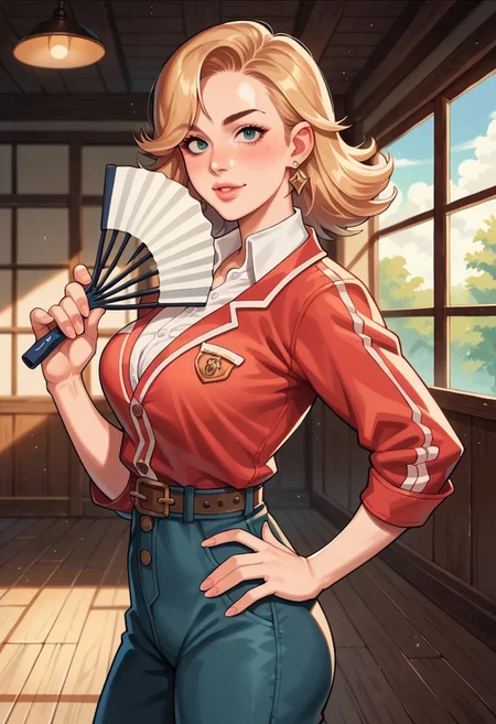 score_9, score_7_up, masterpiece, detailed quality, 1girl, solo, detailed background, score_9, source_anime, score_8_up, score_7_up, large breasts, , 2d, looking at viewer, Kitty Cartwright, dojo, holding fan,fluffyworld,