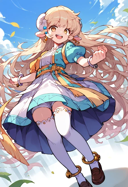 score_9,score_8_up,score_7_up,source_anime,zPDXL3,grasslands,
*//*,<lora:Lara_v1.2:1.0>,1girl,lara,blonde hair,long hair,white horns,yellow eyes,sheep ears,white thighhighs,puffy short sleeves,brown shoes,earrings,anklet,bell,smile,open mouth,
*//*,looking at viewer,cowboy shot,dutch angle,dynamic pose,