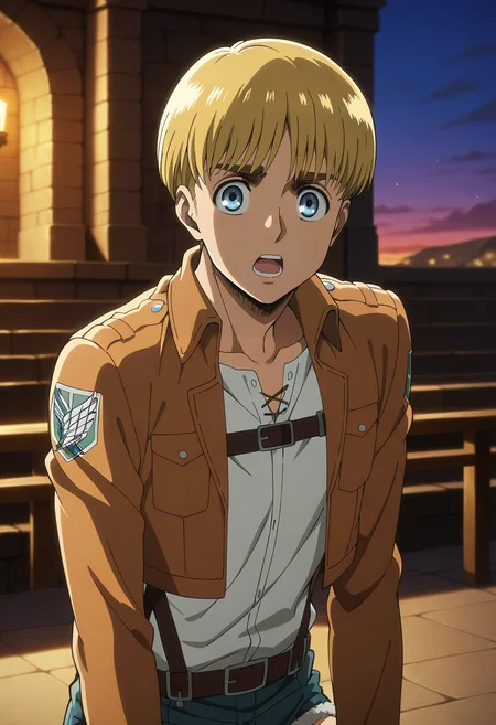 masterpiece, best quality, , anime screencap, anime coloring, , looking at viewer, depth of field, 1boy, solo, male focus, <lora:armin_arlert_ilxl:0.94>, armin_arlert, blonde hair, blue eyes, very short hair, bowl cut, bangs, paradis military uniform, upper body, concert, dusk, victory pose, open mouth, Quilted shorts, Western denim shirt, Monk strap boots, , Bedroll