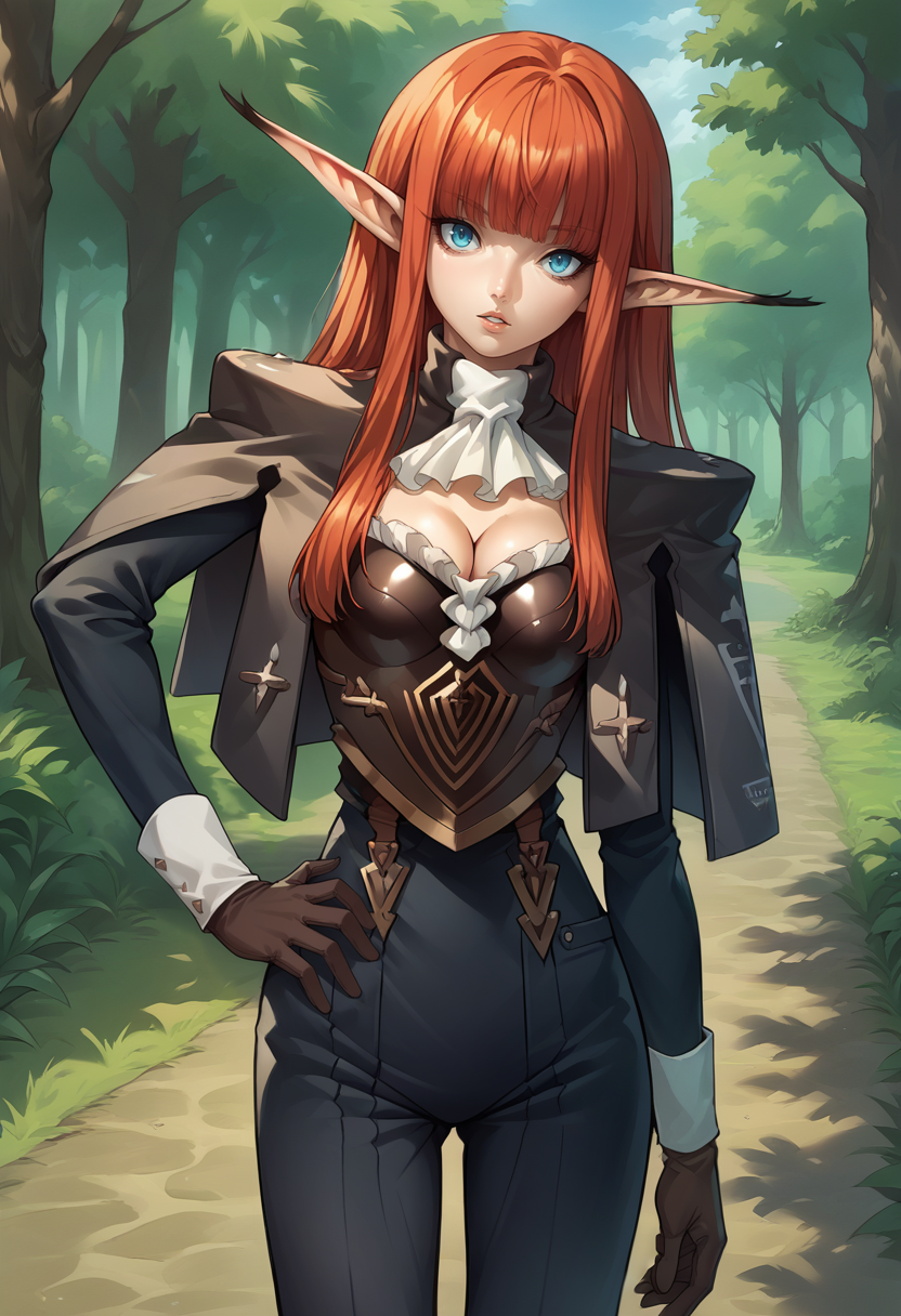 score_9, score_8_up, score_7_up, source_anime, 1girl, solo, parted lips, looking at you, hand on hip, BREAK <lora:HulkenbergMR-pdxl:1> hbrgMR, long hair, sidelocks, blunt bangs, pointy ears, capelet, black jacket, ascot, breastplate, cleavage, long sleeves, gloves, black pants, outdoors, forest