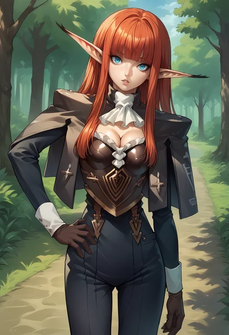 score_9, score_8_up, score_7_up, source_anime, 1girl, solo, parted lips, looking at you, hand on hip, BREAK <lora:HulkenbergMR-pdxl:1> hbrgMR, long hair, sidelocks, blunt bangs, pointy ears, capelet, black jacket, ascot, breastplate, cleavage, long sleeves, gloves, black pants, outdoors, forest