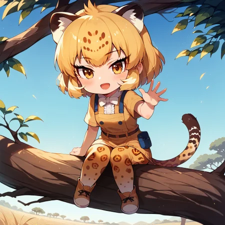 score_9,score_8_up,score_7_up,score_6_up, source_anime, (8k, masterpiece, best quality, cinematic lighting, ultra high res), (extremely detailed image, high resolution, 5k resolution:1.0), (ultra HD quality details), 1girl, anime, slightly chibi, jaguar (kemono friends), animal ears, jaguar ears, blonde hair, short hair, bangs, jaguar print, multicolored hair, tail, jaguar tail, sitting on tree branch, looking down, looking at viewer, waving, :D, blue sky, savanna, vegentation, greenery, warm colors