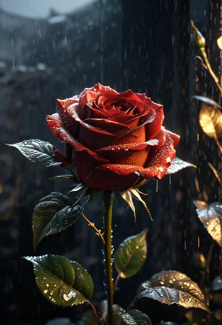 ASCII Masterpiece, (cosy), (ultra high res, mj,best quality,highly detailed:1.5),(cinematic),(volumetric lighting, volumetric shadows:1.5),Amazing, (8k details),(photorealistic:1.4), (warm lighting,ray tracing,dynamic lighting:1.5),
a black rose up close illuminated by divine grace radiated with ancestral light on a rainy day