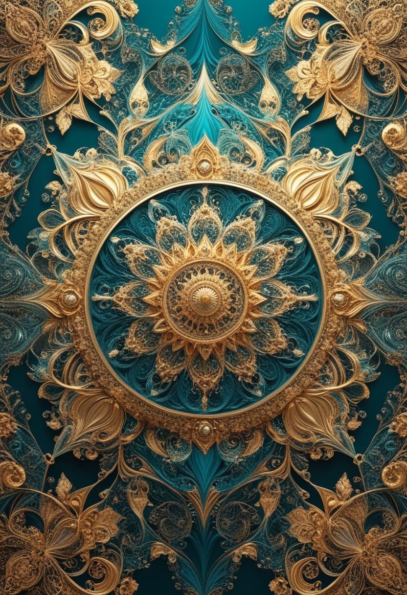 photo of a paisley pattern, boteh, paisley, teal blue, gleaming gold foil, almond, entwined paislies, official art, aesthetic, dynamic angle, hyper detailed, order and chaos, vibrant colors, high contrast, (extremely detailed, intricate details, masterpiece, best quality, 8k wallpaper:1.4), dramatic lighting, (dark teal and brilliant gold palette:1.2), twisting paisley