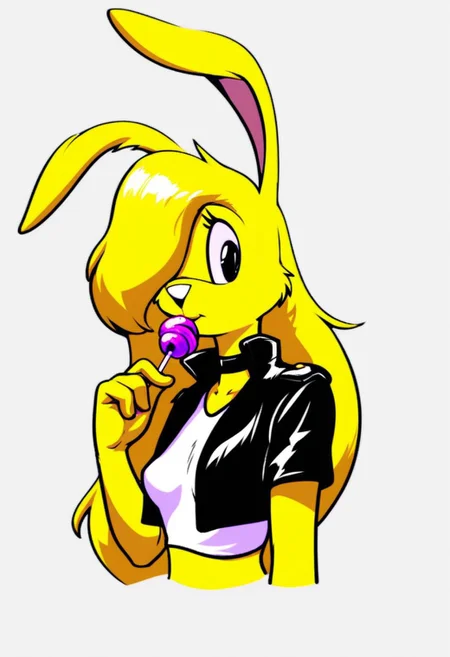score_9, score_8_up, score_7_up, score_6_up, score_5_up, score_4_up, retro artstyle, BREAK
LoriJackRabbitPXL, rabbit girl, long blonde hair, yellow fur,candy, food, animal ears, 1girl, solo, lollipop, rabbit ears, blonde hair,black eyes, hair over one eye, long hair, furry, holding candy, holding, choker, animal nose, simple background, holding lollipop, upper body, furry female, holding food, crop top, white background, yellow skin, short sleeves, looking at viewer, black jacket, closed mouth, shirt, black choker, jacket, cropped jacket, yellow fur, small breasts, midriff, rabbit girl, body fur, breasts
<lora:lorijackrabbit-v1:0.9>