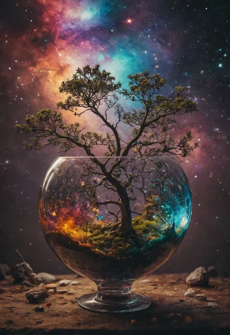 macro photo, macro, super close,What if there was a solar system inside a large glass vase emanating the bright colors of the galaxy and a incredible tree full of stars around it came out of the vase?
Wide range of colors., Dramatic,Dynamic,Cinematic,Sharp details
Insane quality. Insane resolution. Insane details. Masterpiece. 32k resolution.
<lora:add-detail-xl:0.95> <lora:dvr-lnds-sdxl:0.3> dvr-lnds-sdxl <lora:MJ52:0.25> <lora:ral-apoctvisn-sdxl:0.3> ral-apoctvisn <lora:zavy-cntrst-sdxl:0.35> dark, chiaroscuro, low-key <lora:zavy-rmlght-sdxl:0.41> zavy-rmlght <lora:SDXLFaeTastic2400:0.225>