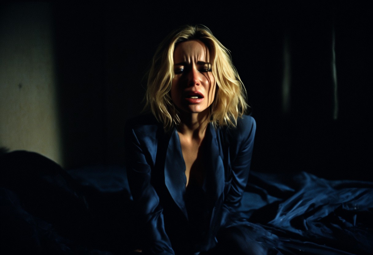 A beautiful blond woman wearing only a torn body suit is on a bed. The bed has dark blue sheets. She is crying and looks helpless. Her clothes are slightly torn. Her hair is messy. The room is dark, the lighting is soft, through a small hole in the curtains. There are shadows. A man in a suit is watching in the background.