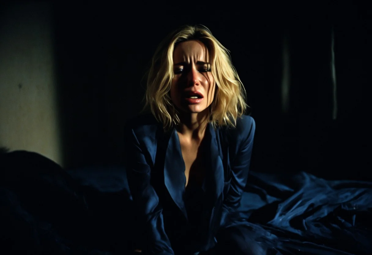 A beautiful blond woman wearing only a torn body suit is on a bed. The bed has dark blue sheets. She is crying and looks helpless. Her clothes are slightly torn. Her hair is messy. The room is dark, the lighting is soft, through a small hole in the curtains. There are shadows. A man in a suit is watching in the background.
