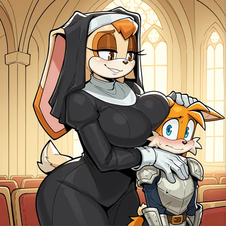 masterpiece, best quality, amazing quality,(detailed background:1),1girl,1boy,CeehazStyle,furry,furry female,vanilla the rabbit,rabbit tail,seductive smile,brown eyes,nun,rabbit ears,size difference,tall female,hug from behind,breast rest,cowboy shot,inside church,( tails_(/sonic/),embarrassed,fox boy,,armor,breasts_on_head,ears down,blue eyes ), looking at another<lora:Ceehaz_StyleCharacters_v3 v2:1>