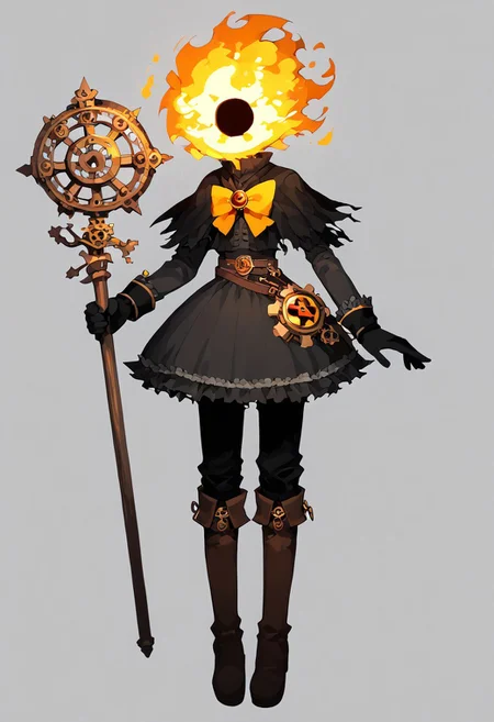 score_9, score_8_up, score_7_up,
lord_of_frenzy, fire head,
novakin, faceless, no eyes, no mouth, no nose, no facial features, short fiery yellow orange hair, body made of black plasma,
magical girl outfit, steampunk dress, boots,
holding magical staff,
simple background, grey background
DSP, artist:DSP, mogeko,