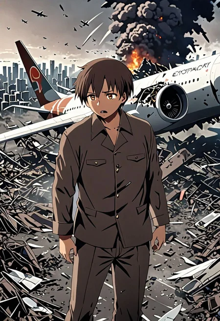 high resolution, solo, best quality, 1Boy, Takaki Toono, Brownish Hair, Brown Eyes, dystopia, Plane Crash, OverallDetail