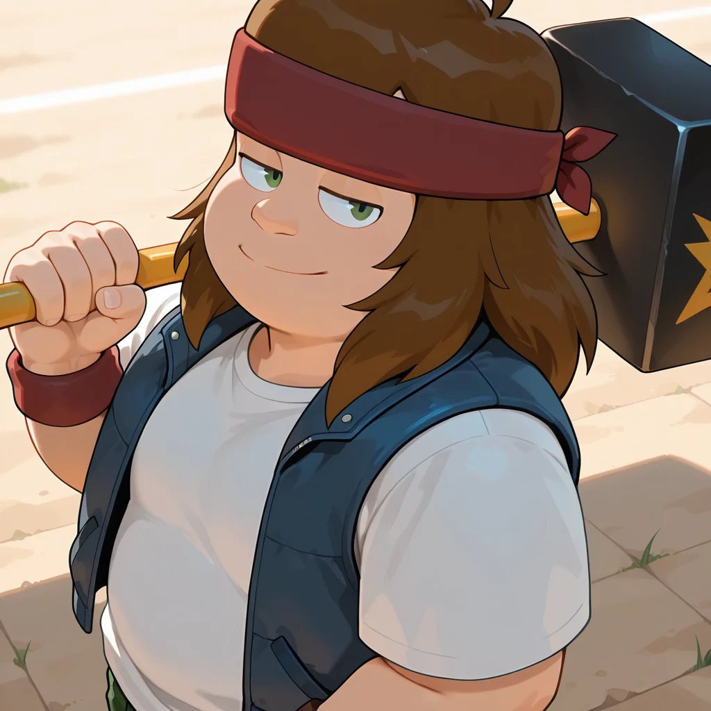 amazing quality, detailed, detailed_background, best quality, source_toon:0.5amazing quality, detailed, detailed_background, best quality, (source_toon:0.5) BREAK ,  <lora:chainsaw-v3B-15:1> (hoi-chainsaw), 1boy, plump, (aged_up:0.5), young, 
, red headband, white t-shirt, blue (cropped_vest:0.8), upper body, ((single))_purple_wristband, asymmetrical wristband, from above, dynamic angle,
, holding sledgehammer, looking back, looking at viewer, weapon_over_shoulder, light smile, half-closed eyes, closed mouth,
