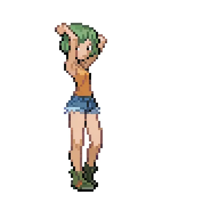 1girl,
green hair, short hair, arms over head, tank top, denim shorts