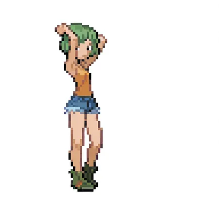 1girl,
green hair, short hair, arms over head, tank top, denim shorts