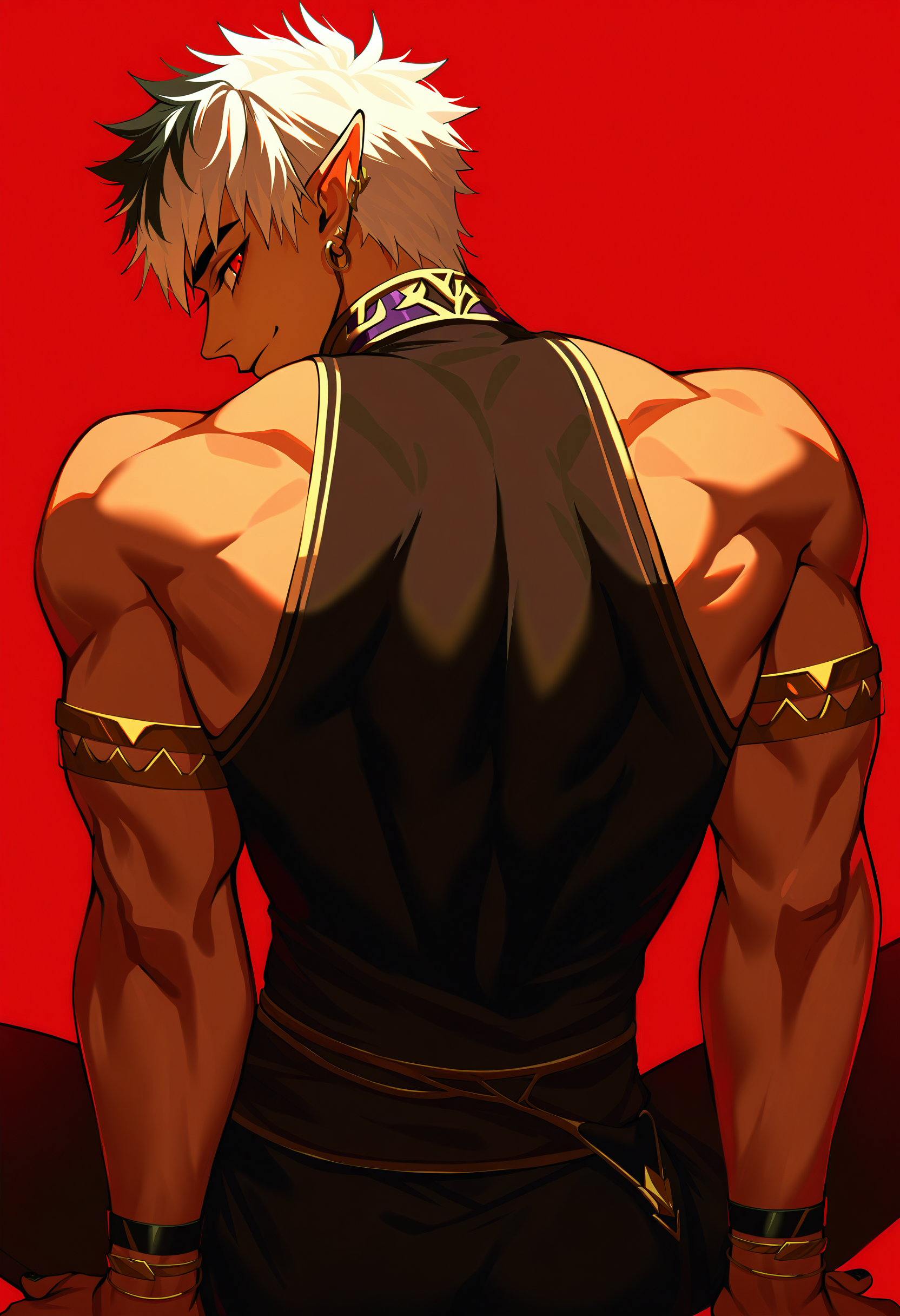 crimzon ruze, 1boy, pointy ears, male focus, solo, white hair, two-tone hair, black hair, black nails, bracelet, smile, sleeveless, armlet, simple background, short hair, red background, earrings, muscular male, dark skin, red eyes, bare shoulders, shirt,
looking at viewer, from behind, looking back, sitting, night,
masterpiece, best quality, very aesthetic, absurdres
<lora:holostars_allmems_illustrious_v1:1>
<lora:illustrious_noobai_epsilon_pred_1_masterpieces_v1:1>