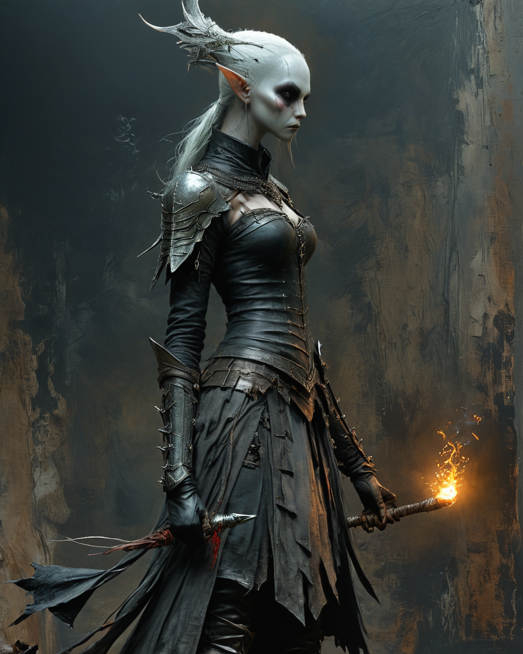 armed and armored drow elf casting a spell, full body shot viewed from the side  <lora:NicolaSamori:0.8> in the style of Nicola Samori, <lora:XSfenlie:1> fenliexl, <lora:xl_more_art-full_v1:0.7>, <lora:add-detail-xl:0.5>