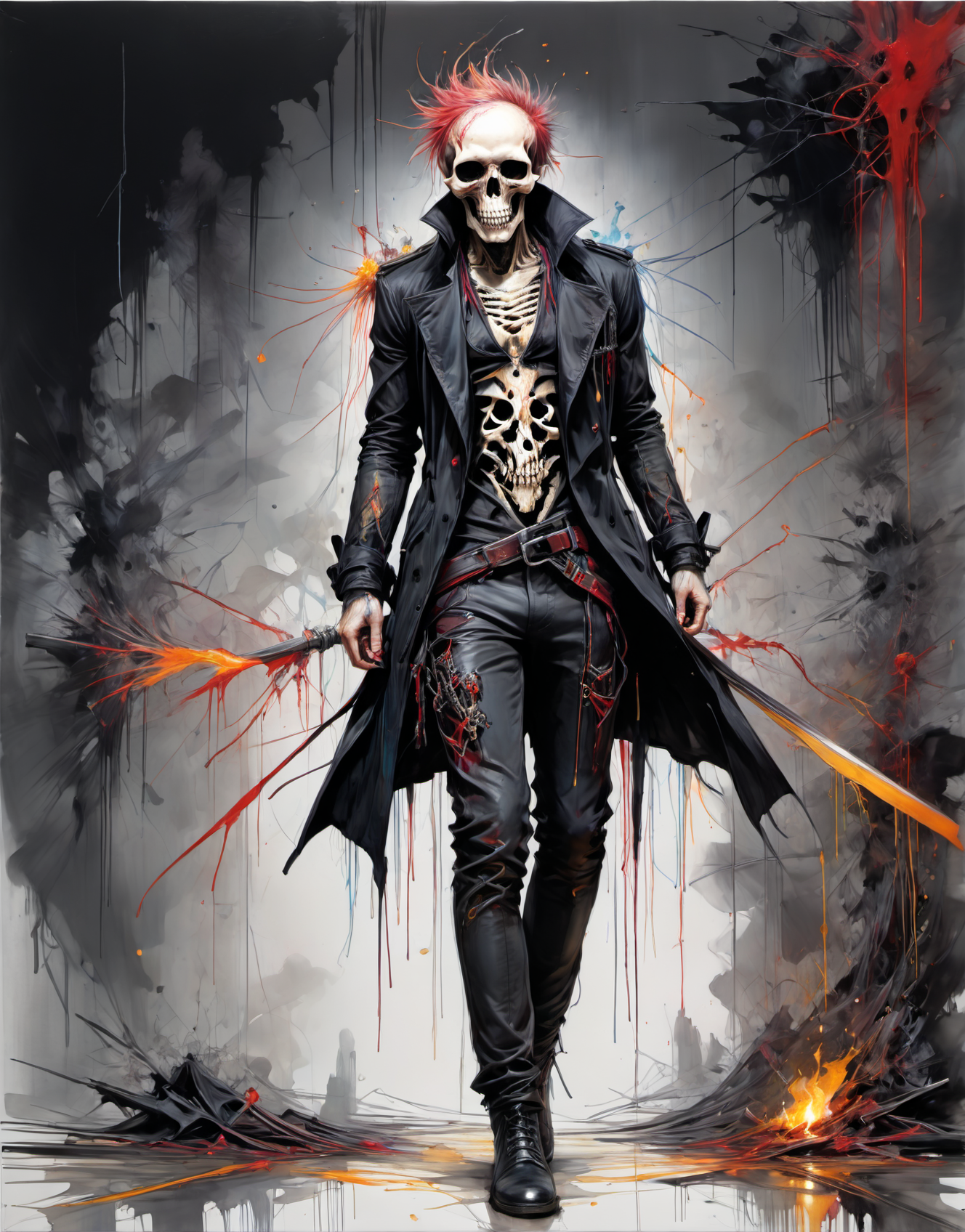 <lora:CarnegriffithsXL:1>,crgf,leaning forward,full body,peignoir,split-color hair,epic,long black trench coat, skull-print t-shirt, leather pants, and lace-up boots,candle light,8k,messy,abstract,awardwinning,trending on artstation,aleksi briclot and ryan hewett