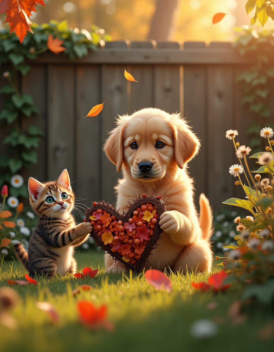A hyper-realistic scene of an adorable golden retriever puppy sitting in a lush, sunlit backyard, carefully arranging tiny twigs and vibrant autumn leaves into the shape of a heart. Its soft, fluffy fur glows warmly in the golden light of the setting sun, and its tail wags excitedly as it finishes its creation. Nearby, a curious tabby cat sits with wide, emerald-green eyes, its whiskers twitching as it watches the puppy’s efforts with fascination. The backyard is a picture of tranquility, with soft, green grass dotted with blooming daisies and wildflowers. A rustic wooden fence encloses the cozy space, with vines and ivy climbing along its edges. Sunlight filters through the trees, casting dappled shadows on the ground, and a few floating petals catch the light, adding a dreamy touch. The heart-shaped token, crafted with delicate precision, rests gently between the puppy’s paws, its rich textures of bark, leaves, and tiny acorns visible in exquisite detail. The scene captures pure friendship and warmth, with a focus on the realistic textures of the animals' fur, the intricate craftsmanship of the heart, and the magical glow of golden-hour light.