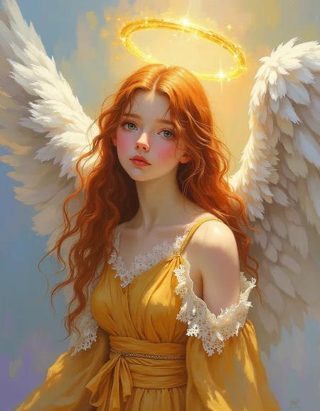 oil painting of a masterpiece, a close up portrait, A delicate teen angel with an endearing demeanor. She has a radiant, glowing halo. Her expression a mix of innocents and humility. She is adorned with soft, textured gold robes that cascade around her charmingly. Her large white wings on her back, feathers ruffled yet luminous, adding to her graceful imperfection. The glowing halo casts warm, golden light, creating intricate shadows across her gentle features and highlighting the unique blend of elegance and vulnerability in her character. Background infused with a serene, heavenly gradient's shades of pale blue, lavender, and soft white to emphasize her spiritual essence. She has white skin, enchanting blue eyes, long flowing red hair. Her body is skinny, strong, and petite. Masterpiece, intricate lines, intriguing atmosphere, sharp magnificent details, oil painting, delicate features, elaborate details, (2\3 rule composition:0.5), ultra detailed, romantic, Rembrandt lighting, brush stroke, lovely, del1cate_balance style, novuschroma, in the style of Rembrandt. vantablack <lora:style_of_Rembrandt_FLUX_135:.8> <lora:- Flux1 - vanta_black_V2.0:.3> <lora:Delicate_Balance:.3> <lora:neeeg_f1:-1> <lora:113_novuschromaFLX_1:.2>
