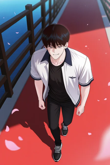 masterpiece, best quality, amazing quality, very aesthetic, high resolution, ultra-detailed, absurdres, newest, scenery, volumetric lighting, depth of field,anime screencap, , , 1boy, solo, male focus,<lora:yoonwon:0.71>,goo yoon won,black hair,grey eyes,short hair,bangs,hair between eyes,scar,scar on face,shirt,short sleeves, standing, jacket,smirk, full body, open clothes,earring, piercing,right ear bare, shoes, pants, black footwear, open jacket, white jacket, black shirt,collared jacket,petals, black pants, sneakers, walking,from above,outdoors,bridge,look up