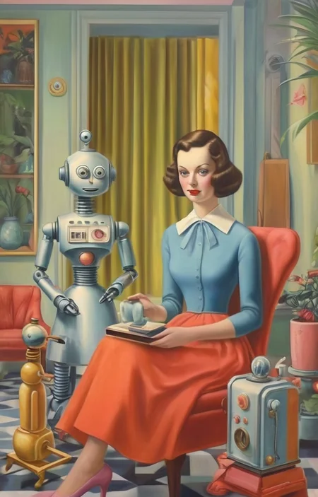 masterpiece,best quality,<lora:tbh293-sdxl:0.9>,illustration,style of Dorothy Draper portrait of Housework robots