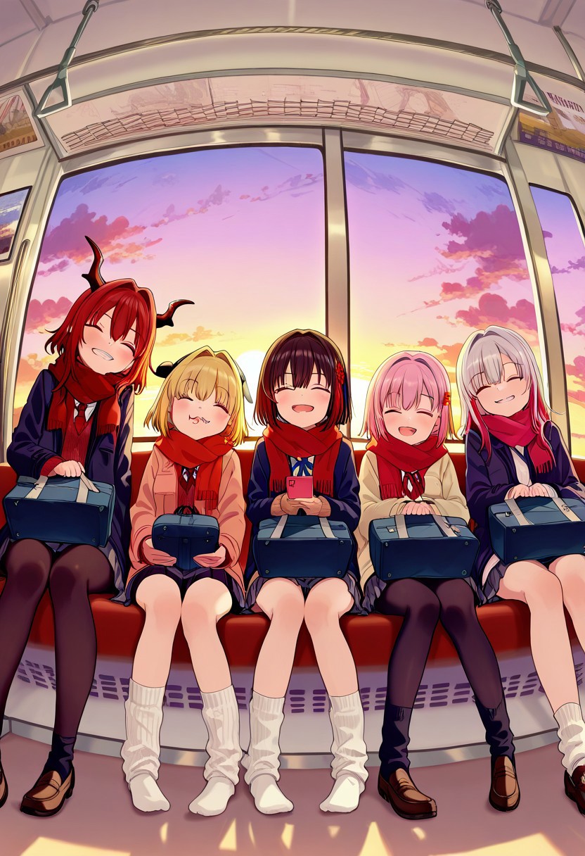 great quality,scenery,,(almic,akakura,ogipote,dikko:0.7), (sincos:0.6), fisheye,from below,scarf, multiple girls, pink hair, smile, closed eyes, socks, blonde hair, red scarf, pantyhose, red hair, sitting, blush, short hair, window, black legwear, open mouth, skirt, hair ornament, bangs, long sleeves, eyebrows visible through hair, bag, white legwear, brown hair, long hair, 5girls, train interior, coat, horns, black hair, holding, 6+girls, multicolored hair, hair intakes,, winter clothes, school bag, silver hair, hair between eyes, grin, sweater, loose socks, :3, jacket, shorts, sitting on seat,official wallpaper,twilight,sunset from window,