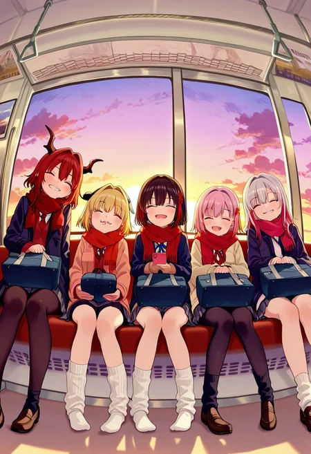 great quality,scenery,,(almic,akakura,ogipote,dikko:0.7), (sincos:0.6), fisheye,from below,scarf, multiple girls, pink hair, smile, closed eyes, socks, blonde hair, red scarf, pantyhose, red hair, sitting, blush, short hair, window, black legwear, open mouth, skirt, hair ornament, bangs, long sleeves, eyebrows visible through hair, bag, white legwear, brown hair, long hair, 5girls, train interior, coat, horns, black hair, holding, 6+girls, multicolored hair, hair intakes,, winter clothes, school bag, silver hair, hair between eyes, grin, sweater, loose socks, :3, jacket, shorts, sitting on seat,official wallpaper,twilight,sunset from window,
