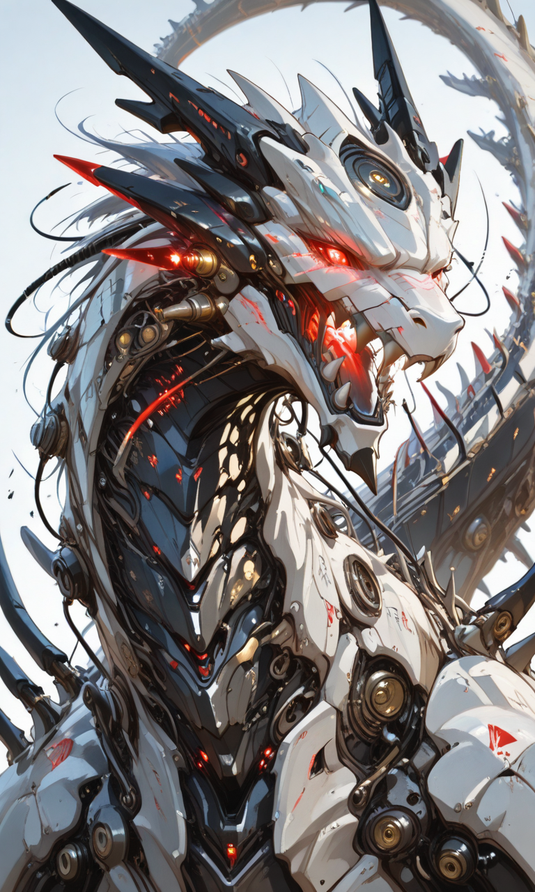 digital artwork that appears to be a concept art piece. It showcases a detailed robotic or cybernetic dragon with glowing red eyes sharp and intricate mechanical components, <lora:- iLL - the_edgy_mech_V2.0-step000013500:.8>,  <lora:Combat atmosphere-XLlokr:0.8>