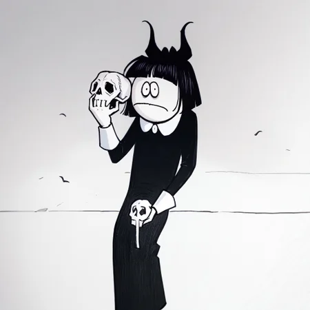 score_9, score_8_up, score_7_up BREAK CrepSuOri, 1girl, black hair, black bob cut, blunt bangs, black eyes, pale skin, white-collared long black dress, long white cuffs, cowboy shot, holding skull, looking at viewer,