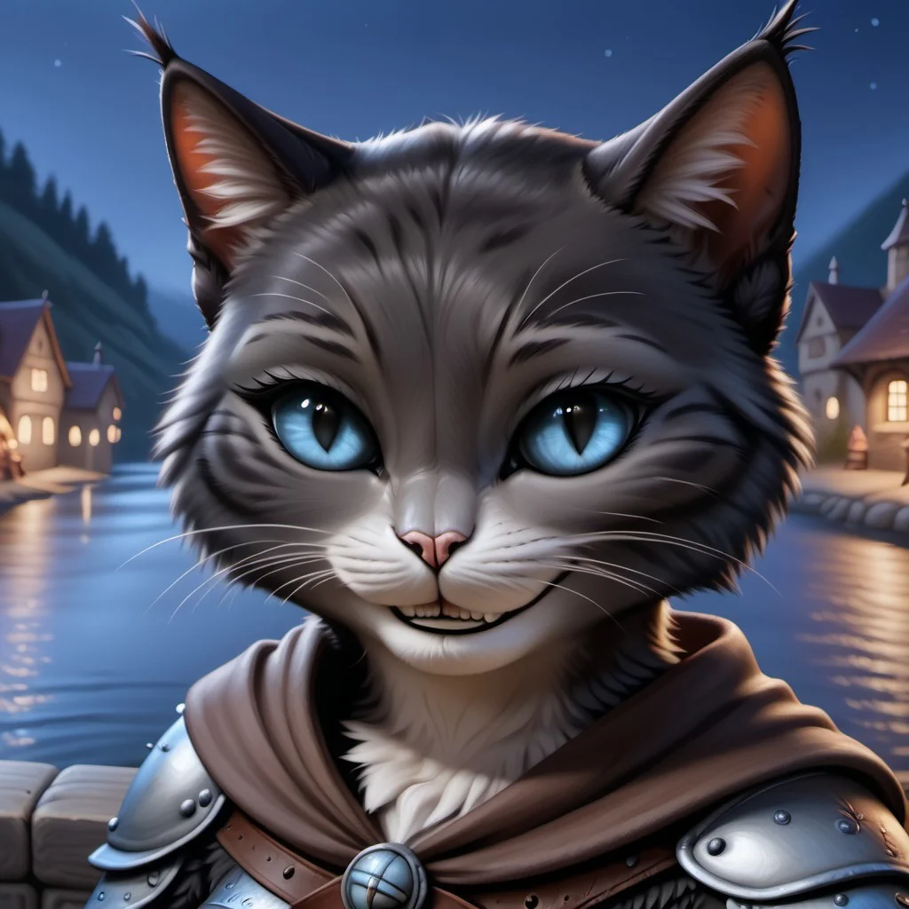KittySoftpaws, Furry Mix, feline_hybrid, realistic, highres, super high resolution, 8k, photo, anthro, furry, furry, anthro, fur, tail, detailed fur, detailed, anthro, female cat, whiskers, tufted fur, tufted ears, cheast tuft, cat tail, detailed fur, detailed body, detailed face, cat teeth, black fur, blue eyes, seductive smile, solo, medieval village, night, medieval armor, valley, river, medium breasts, sitting, leather boots, belt, detailed eyes, holding dagger, close-up,