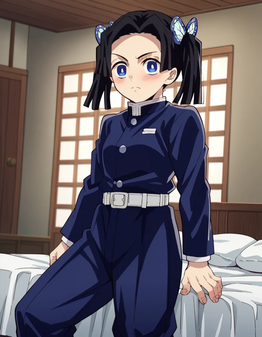 score_9, score_8_up, score_7_up, source_anime,
aoikanzaki, <lora:aoi-kanzaki-anime-ponyxl-lora-nochekaiser:1>,
aoi kanzaki, blue eyes, black hair, hair ornament, twintails, butterfly hair ornament,
long sleeves, belt, pants, blue jacket, white belt, demon slayer uniform, blue pants,
indoors, bed, bed room, on side, blush, drunk,
solo, looking at viewer, cowboy shot, dutch angle,