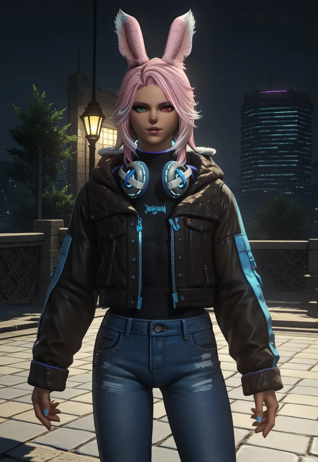 PonyXLV6_Scores BREAK Khris Tia, 1boy, solo, heterochromia, green eyes, red eyes,dark skin, dark-skinned male, rabbit ears, animal ears, pink hair, two tone hair, white hair, viera, headphones, jacket, denim jeans CityBG_PDXL