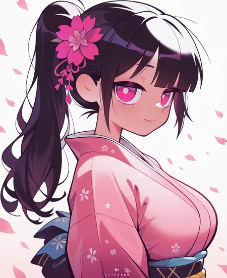 <lora:fliphrC:1> fliphr,
(masterpiece), (best quality), (ultra-detailed), amazing quality, very aesthetic, illustration, perfect composition, intricate details, absurdres, incredibly absurdres, shiny skin, realistic,
fliphr, 1girl, solo, flower, long hair, smile, japanese clothes, kimono, hair ornament, ponytail, black hair, looking at viewer, hair flower, pink eyes, sash, breasts, cherry blossoms, obi, large breasts, white background, from side, upper body, pink kimono, closed mouth, petals, pink flower, simple background, general