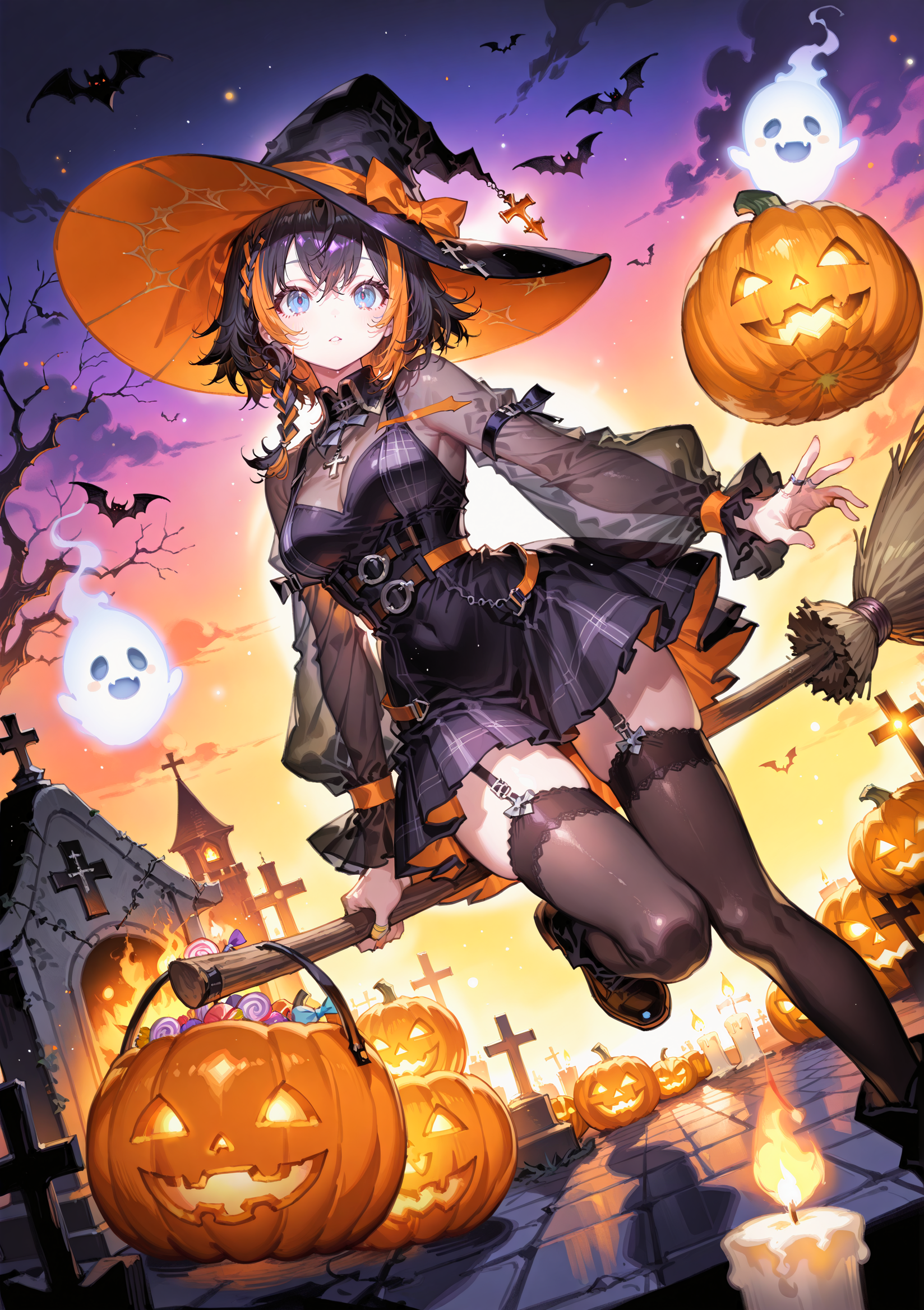 zPDXL3 Real score_9, score_8_up, score_7_up, score_6_up source_anime, highly detailed, sharp, intricate details, rating_safe rating_sensitive, rating_explicit, masterpiece, best quality, good quality, bright eyes light particles lens flare amazing quality, very aesthetic, very awa, absurdres, newest,
<lora:yoneyamaiXLNBVP1lokrV6311PZ:0.5>, <lora:ill-xl-01-deyui_1:0.5>
<lora:nhl-001:0.4> nhl-001 film grain multicolored background  <lora:ponyv4_noob1_2_adamW:0.4>
medium breasts, dynamic pose, dynamic angle,
optical illusion, ssambatea, quasarcake, Fishine, arutera, soresaki, reoen, sanbonzakura, askzy, negative space, see-through, made of, neon light, detailed background,
medium hair double braid
niji-petra,medium breastas,blue eyes,black hair,orange hair,multicolored hair,streaked hair,ornament,
thighhighs, black legwear, garter straps, halloween costume, hat, jewelry, witch hat basketball, bat, broom riding, burning, candle, candy, castle, cross, fire, flame, ghost, glowing, grave, graveyard, halloween bucket, happy halloween, jack-o'-lantern, lantern, pumpkin, ring, spider web, sunset, tombstone, town, trick or treat,
 <lora:niji-petra:0.7>