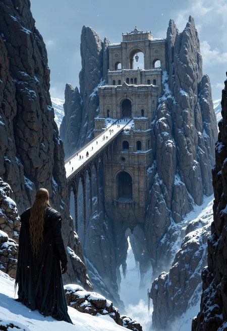 a dramatic mountainous landscape. A massive chain bridge stretches across a snowy chasm, leading to ancient, crumbling stone ruins perched atop a peak. The ruins feature large, arched doorways and are partially covered in snow, suggesting a long-abandoned state. In the foreground, a solitary figure with long hair, clad in dark clothing, stands on the chain, gazing towards the ruins. The sky is overcast, with swirling snowflakes adding to the mystical and foreboding atmosphere. The color palette is dominated by cool blues and grays, enhancing the sense of cold and isolation.