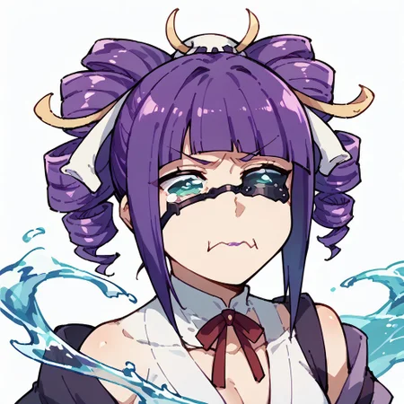 score_9,score_8_up,score_7_up,score_6_up,score_5_up,score_4_up, white background, solo, 1girl, aquacrying, wavy mouth, closed mouth, tearing up, Kyokotsu Katen, drill hair, purple hair, aqua eyes, purple lips, eyepatch, water splash, flying ribbons, face focus,