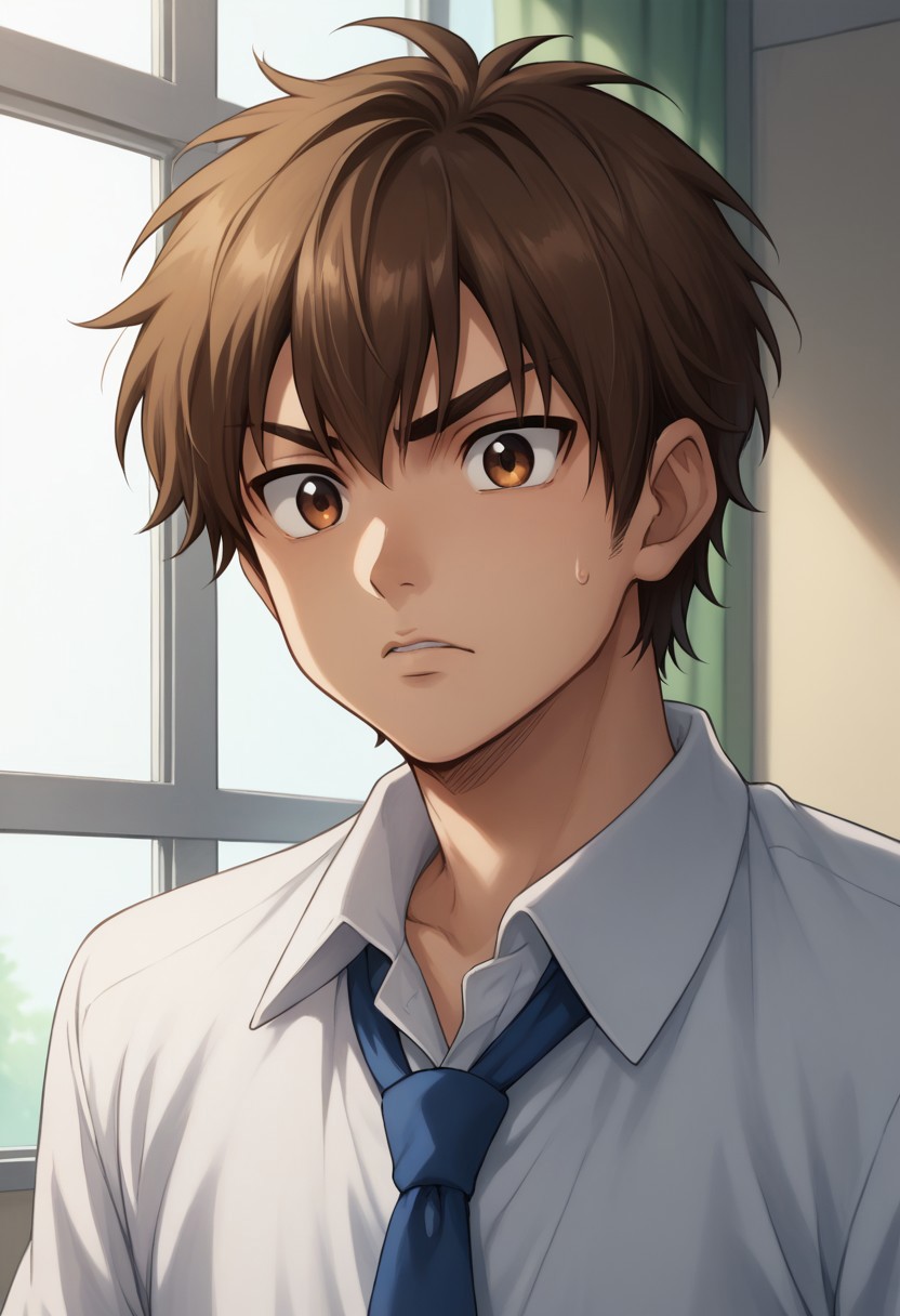 score_9, score_8_up, score_7_up, source_anime, highly detailed, 
eijun, 1boy, male focus, brown hair, solo, sweatdrop, brown eyes parody, necktie,
school uniform, indoors, window, shirt, collared shirt,