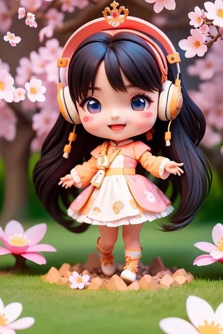 (masterpiece),(best quality),(ultra-detailed), (full body:1.2),
1girl,chibi,cute, smile, open mouth,
flower, outdoors, music, blush, tree, :3, shirt, short hair, cherry blossoms, blurry, blush stickers, long sleeves, bangs, headphones, black hair, pink flower,
(beautiful detailed face), (beautiful detailed eyes), <lora:blindbox_V1Mix:1>,  <lora:cnGirlYcy_v10:1>, behind the campfire,princess,crown