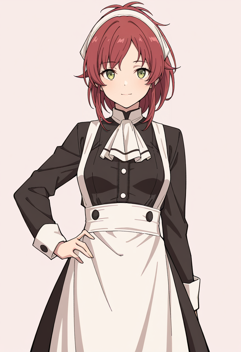 masterpiece, best quality,
1girl, solo, cowboy shot, 
standing, hand on own hip, 
looking at viewer, light smile, 
<lora:Aisha_Greyrat:1> 41sh1Gr31r4t, green eyes, small breasts, red hair, 
maid, white apron, black dress, long sleeves, white apron, white ascot, 
simple background, pink background,