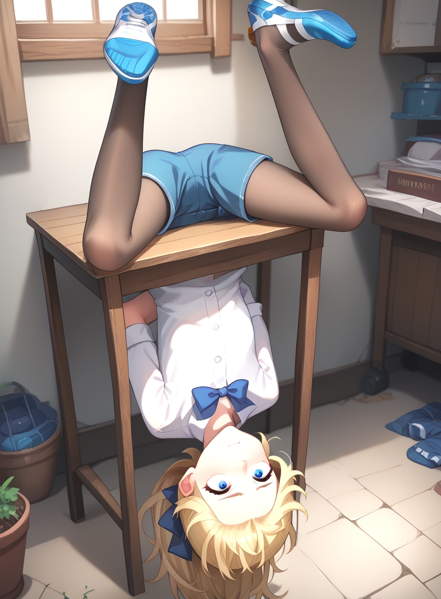 score_9, score_8_up, score_7_up,
masterpiece, best quality, blonde girl Itou <lora:blonde_girl_itou_V1:0.8> KJOblonde blue eyes blonde hair medium hair ponytail white hair bow,
anime screencap,
<lora:Upside-down_stuck_in_table:1> stuck1ntabl3 stuck in table upside-down table forehead arms behind back from_above looking_up_at_viewer,
<lora:xlponysliderBody weight slider 2_last:-2>