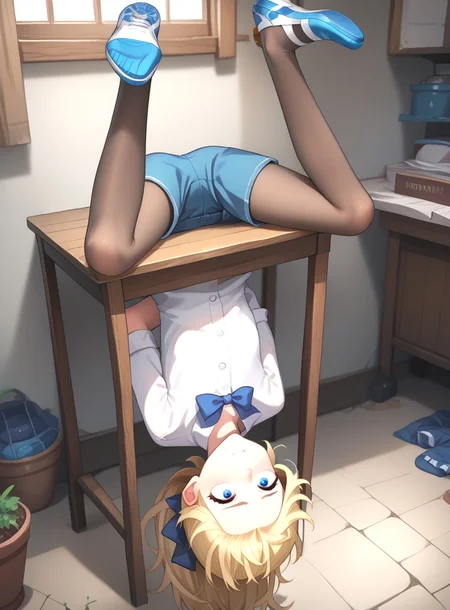 score_9, score_8_up, score_7_up,
masterpiece, best quality, blonde girl Itou <lora:blonde_girl_itou_V1:0.8> KJOblonde blue eyes blonde hair medium hair ponytail white hair bow,
anime screencap,
<lora:Upside-down_stuck_in_table:1> stuck1ntabl3 stuck in table upside-down table forehead arms behind back from_above looking_up_at_viewer,
<lora:xlponysliderBody weight slider 2_last:-2>