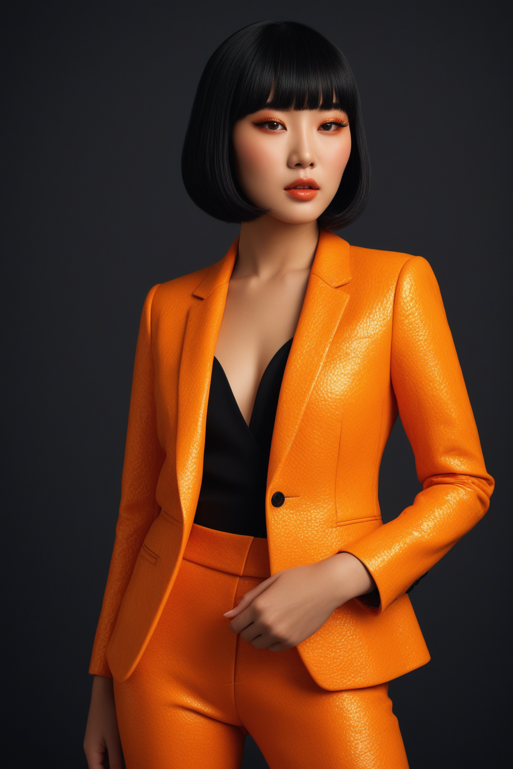 high quality,masterpiece,ultra-high resolution,incredible composition,extremely detailed, <lora:Orange_Peel:0.7>, A young Korean woman with a heart-shaped face, her jet-black hair styled in a sleek bob with bangs, wearing glamorous makeup with shimmering gold eyeshadow and bold coral lipstick. She is dressed in a tailored jacket and trousers made from orange peel, the citrus skinâs bumpy texture glowing under studio lights. Photographed in ultra-high resolution at a medium distance, highlighting the intricate orange peel fabric details. The indoor background is a chic studio with a dark slate wall, dramatic spotlighting, and props like halved oranges and rosemary sprigs, evoking a luxurious food photography aesthetic.