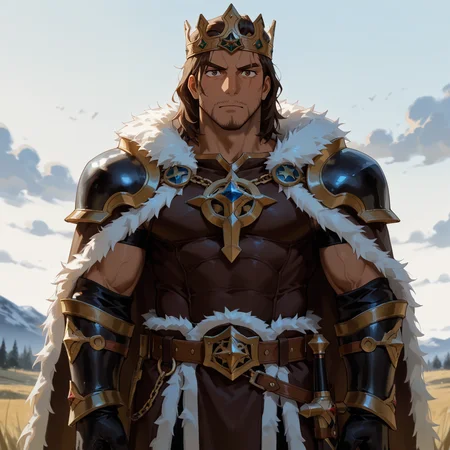 <lora:Wulf__The_Lord_of_the_Rings_The_War_of_the_Rohirrim-000008:.7>, Wulf, Wulf, Brown hair, brown eyes, dark skin, stubble, medium hair, Messy Tousled, scar on face, crown, brown capelet, fur-trimmed cape, Shoulder armor, arm armor, brown wrap skirt, brown leather belt,
(very short hair, beard, bara, mature, facial hair, stubble, beard, full beard, sideburn, beard, a lot of beard, ), facial hair,male focus, muscular male, muscular male, bara, mature,  bara, mature, aixiwuganda_(20222192), very awa, masterpiece, best quality, absurdres, newest, perfect quality, detailed background, intricate details,
<lora:slider_Body Type_alpha1.0_rank4_noxattn_last:3><lora:style_Anime Summer Days 2 Style SDXL_LoRA_Pony Diffusion V6 XL:.6><lora:slider_cfg_scale_boost:.7><lora:Artist6p:.55>, Artist6p, Artist04p,<lora:slider_il_brightness_slider_d1:-1><lora:slider_il_contrast_slider_d1:-1><lora:slider_DarkSlider1.2_alpha1.0_rank16_full_300steps:-.6>